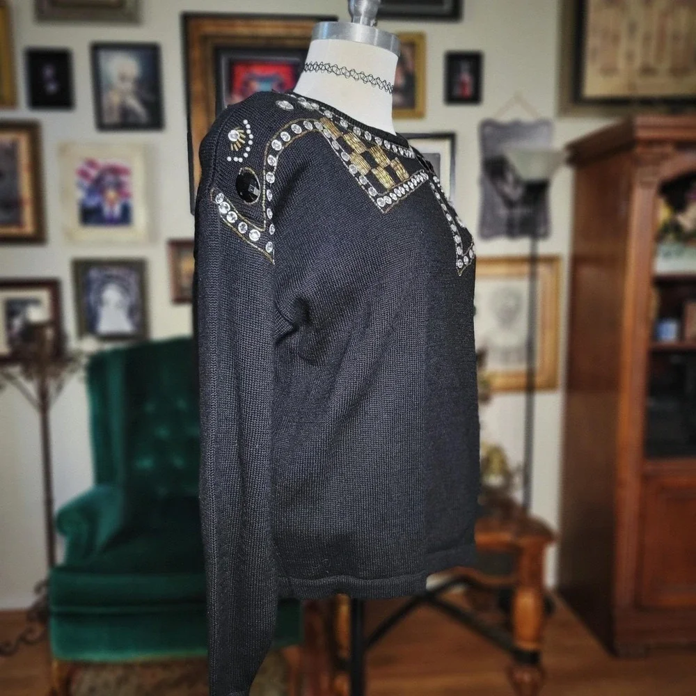 Cervelle Wool Sweater Vintage 80s Beaded Embellished Black Knit Top Large‎ 6470C